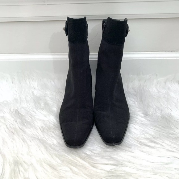 Stuart Weitzman Gore-Tex Suede Trim Block Heel Square Toe Black Boots - Picture 4 of 11